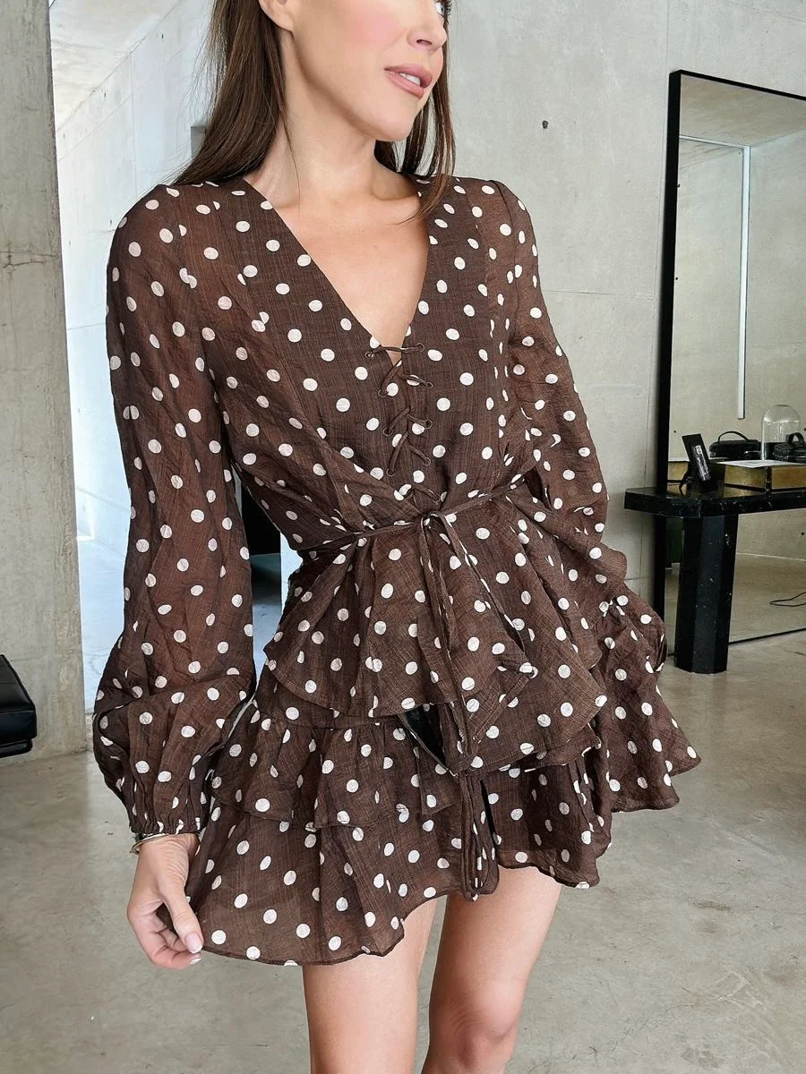 'VIVIAN' POLKA DOT LACE UP BLOUSE BROWN - Image 6
